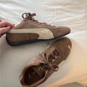 Puma Brown Suede Sneakers with Cream Aritzia collection